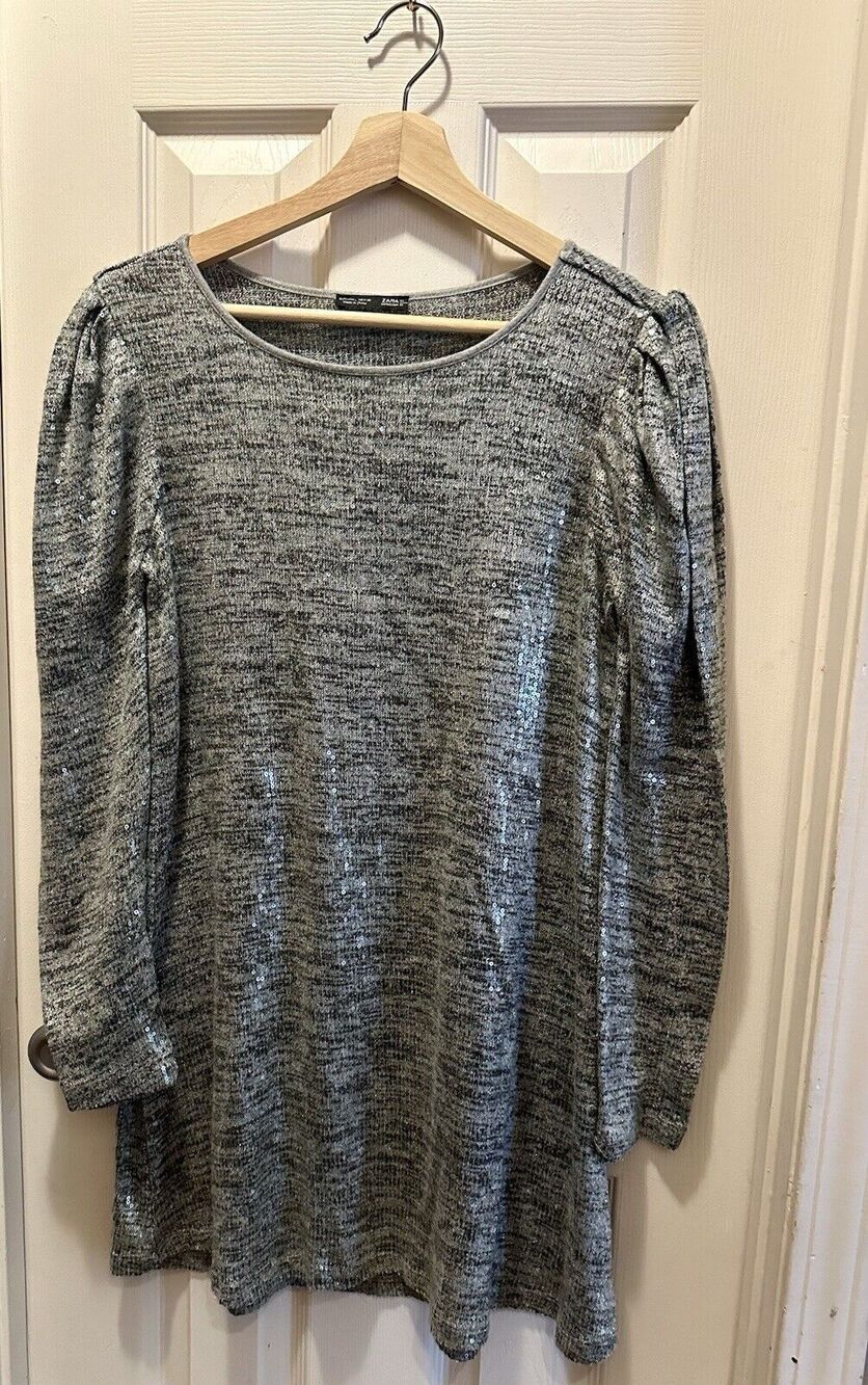ZARA WOMEN'S HEATHER GRAY THIN KNIT LONG PUFF SLEEVE SEQUIN‎ MINI DRESS Sz Large - Picture 3 of 11